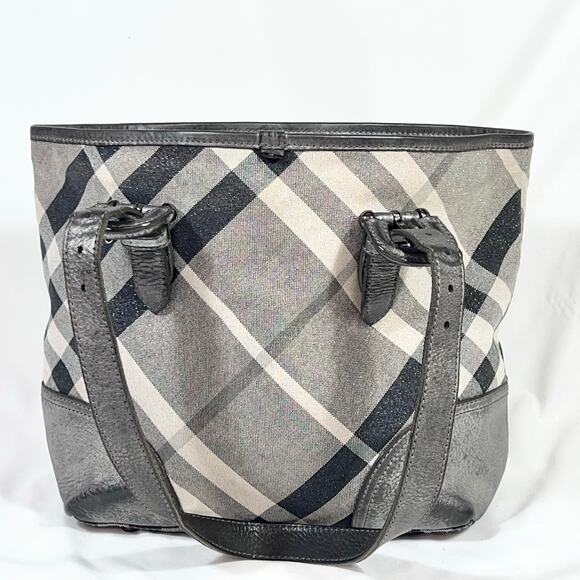 Burberry Super Nova Shimmer Check Tote Bag Canvas Leather Trim Open Top Pockets - Picture 3 of 16